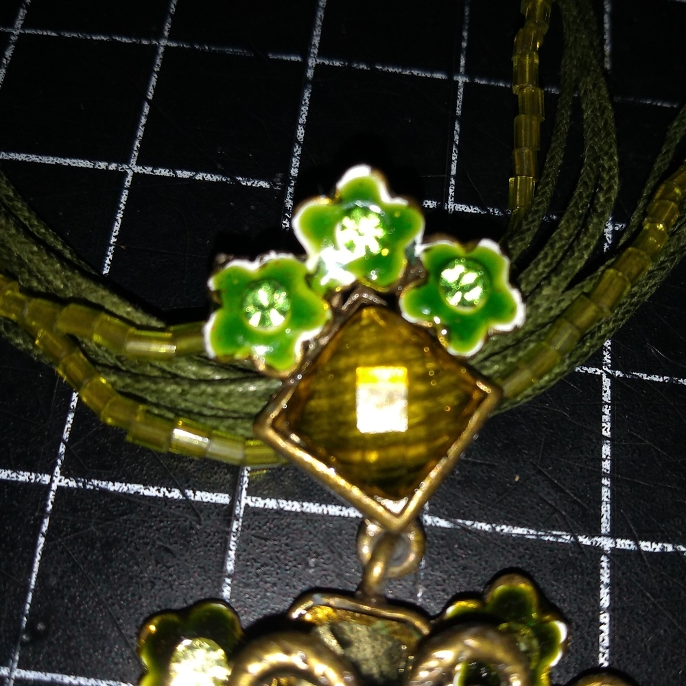 Green Multi Strand Necklace with Enamel & Glass Flowery Pendant, Green &… - Picture 3 of 10